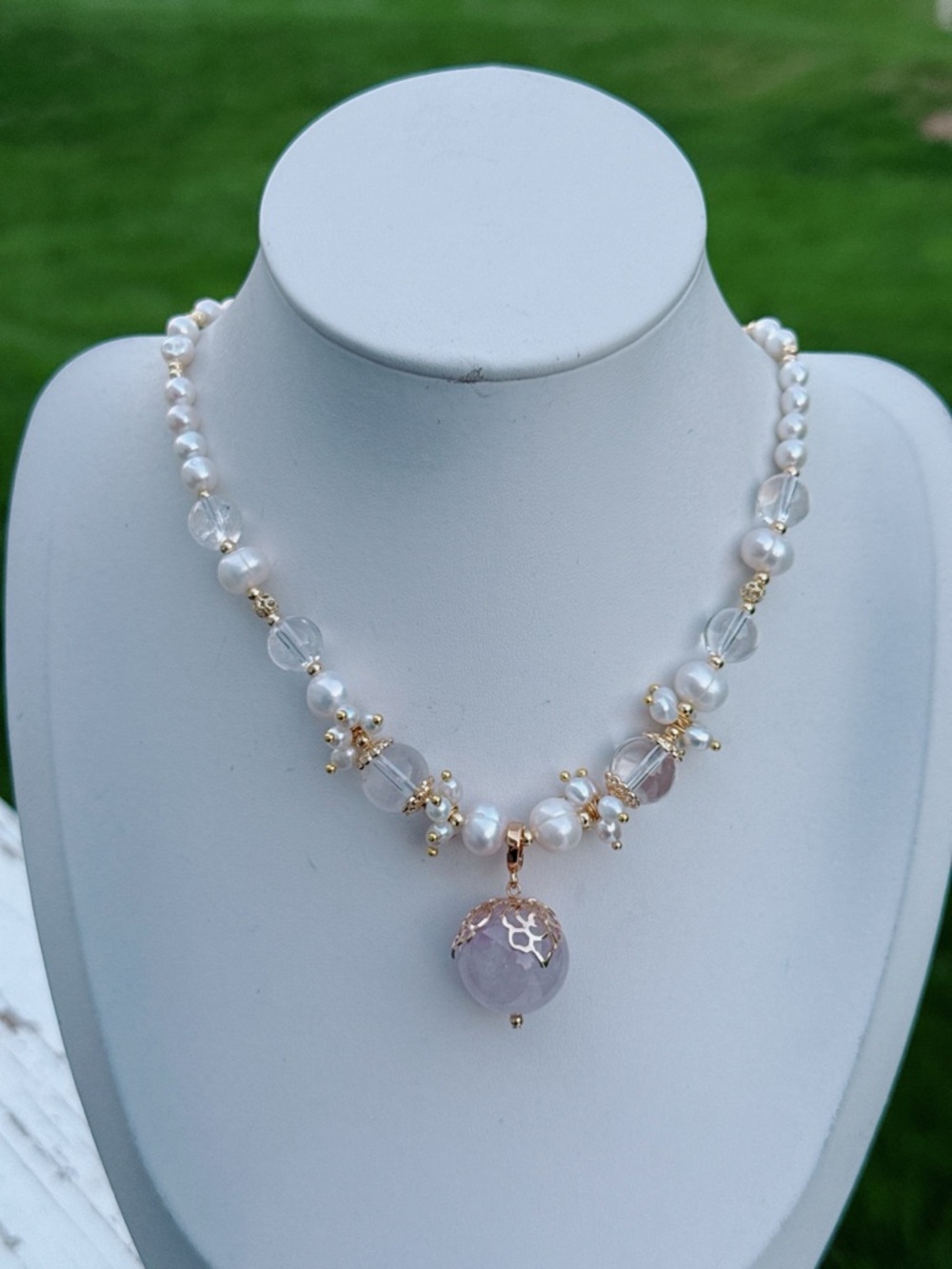 26X368 Handmade Freshwater Pearl Clear Quartz Necklace with Amethyst Pendant